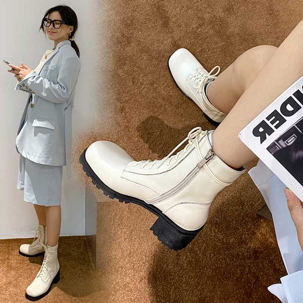 

2020 осень новые кожаные сапоги женщина красивый локомотив шнуровке короткие сапоги толстые высокой пятки женщин способа x434, Black