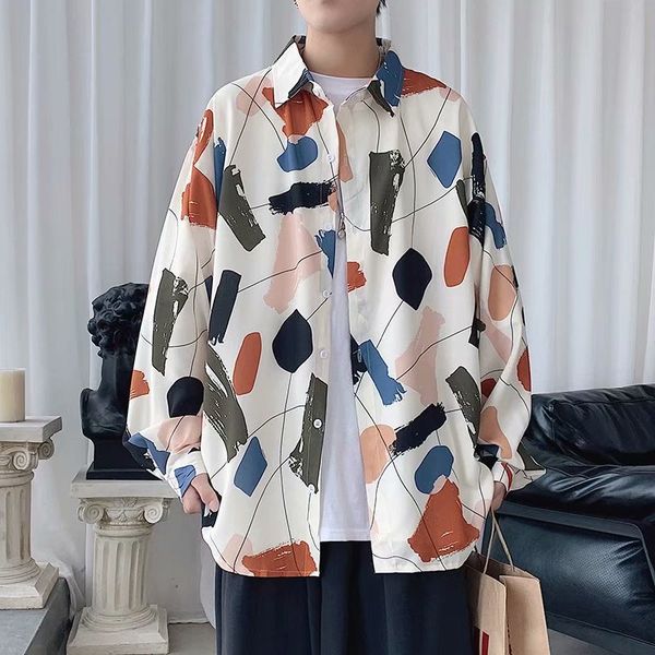 

men's casual shirts men printed plus size long sleeve korean shirt streetwear clothes loose males button up blouse fashion, White;black