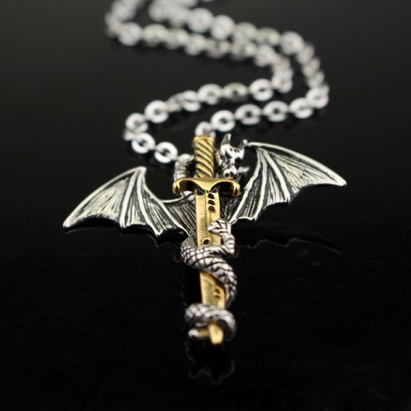 

vintage sword dragon pendant necklace for mens punk dragon long chain necklace women hip hop jewelry, Silver