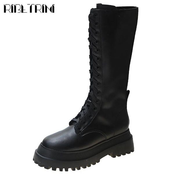 

ribetrini cool punk mid-calf shoes new arrival black platform women boots med chunky heels boots