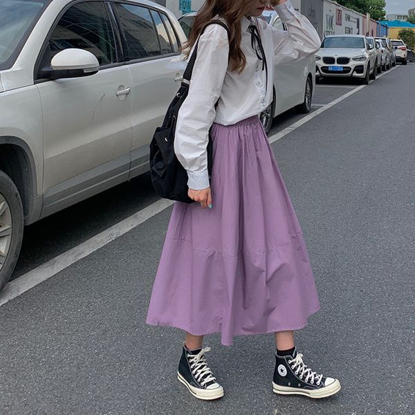 

skirts 3 colors midi skirt women 2021 solid color long female sweet style high elastic waist womens (f4062), Black
