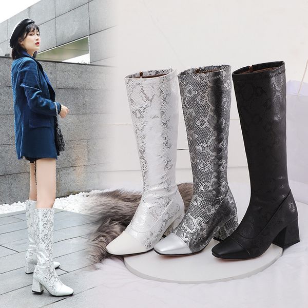 

yqbtdl fashion silver white snake print womens boots square toe hoof heels knee high heel riding biker long boots winter shoes, Black