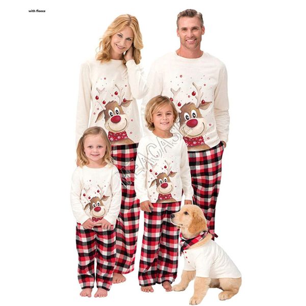 

family christmas pajamas 2pcs/set fleece lined blouse t shirt plaid pants trousers matching suit xmas elk printed cartoon sleepwear d91608, White