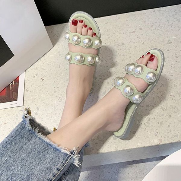 

wave pearl studs narrow band sandals femmes open toe flats slippers fresh bling line transparent sole gladiator sandalias mujer, Black