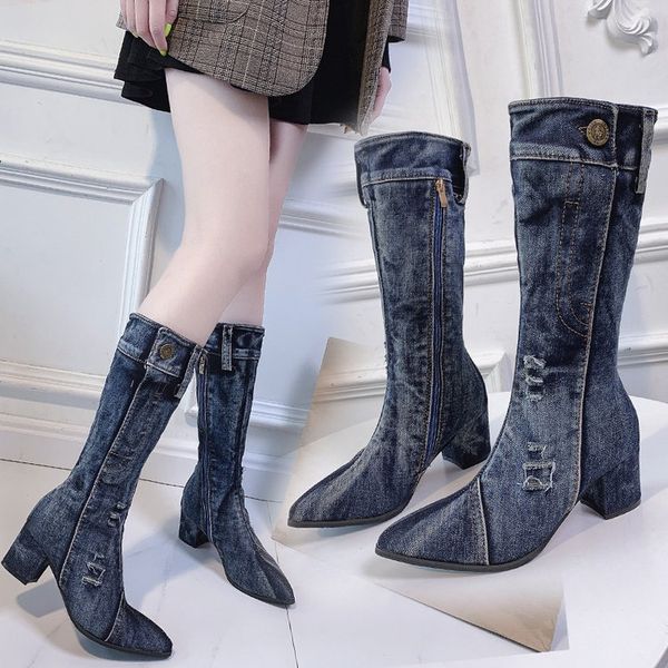

boots 2021 women chunky denim mid calf block 6cm high heels fetish stripper winter fashion cowboy western shoes, Black