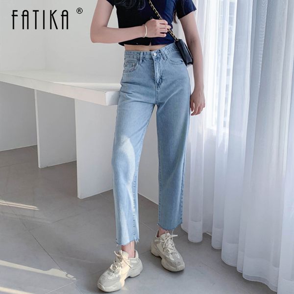 

fatika new women jeans casual straight high waist jeans solid trousers pants for female ankle length pants, Blue
