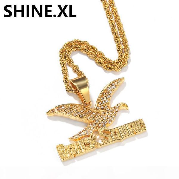 

18k gold stainless steel animal eagle pendant necklace with rope chain iced out rhinestone bling hip hop jewelry for men women, Silver