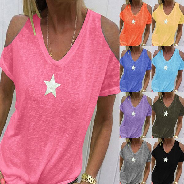 

2020 new european and american cross-border womens five-pointed star printed loose off-shoulder short-sleeved t-shirt women, White