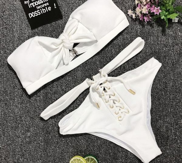 

swimsuit women's separate bikinis set white bow tie strapless bra swimsuit high waist two-piece swimwear bathing suit, White;black