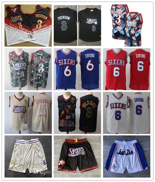 

2020 mens throwback jersey allen 3 iverson julius philadelphia 6 erving basketball jersey basketball shorts 76ers gold red white, Black;red