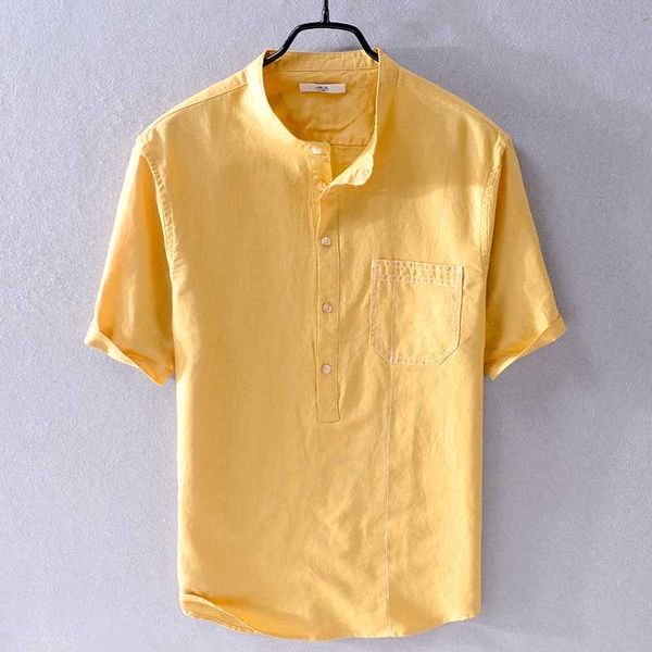 

new style summer short sleeve shirt men brand casual yellow shirt mens linen and cotton shirts for men solid chemise camisa, White;black