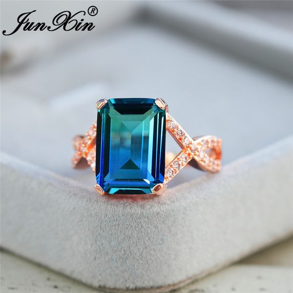 

gradient rainbow fire crystal rectangle rings for women cross wedding bands blue green stone engagement ring rose gold jewelry, Golden;silver