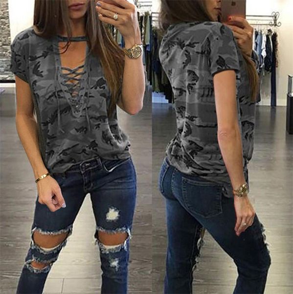 

trendy women camouflage print short long sleeve hooded sweater autumn summer lace up v-neck casual sports women t-shirt clothes ly813, White