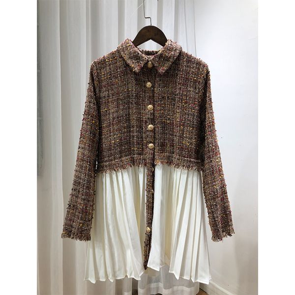 

women's trench coats xuxi 2021 fashion autumn turn necklace tweed patchwork folding white long sleeve fan fz0640, Tan;black