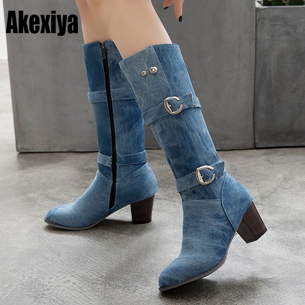 

boots women buckle thick high heels winter boots zip fashion blue denim booties western cowboy jeans botas mujer k202, Black