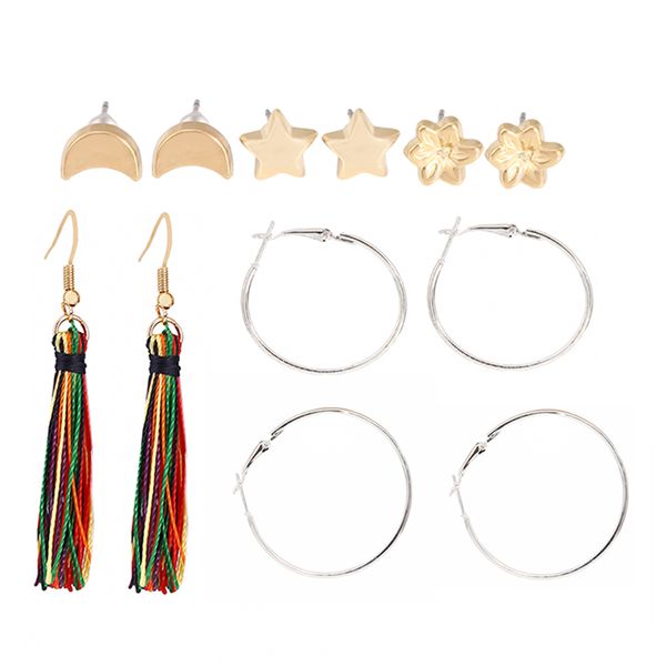 

6pair/set korean design big round alloy set women hoop earrings star monn tassel popular brand party jewelry brincos, Golden;silver
