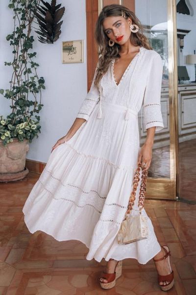 

2020 summer new dress boho fairy princess white dress women's bohemian holiday hollow out sweet maxi mujer vestidos, Black;gray