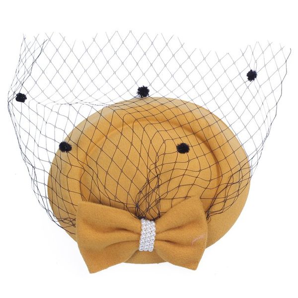 

women's fascinators hat pillbox hat cocktail party with dot veil bowknot hair clip yellow