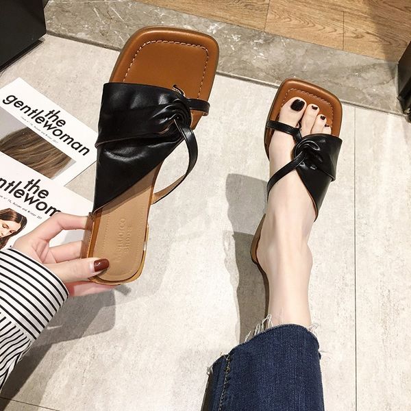 

flip flops solid color leather low heels slides woman comfort wild slippers dropshipping women square head clip-toe sandals, Black