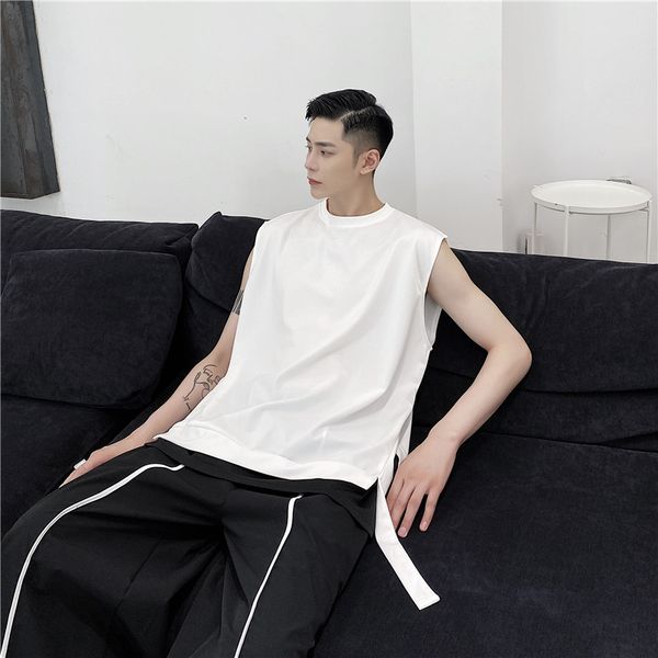 

men' tank men black white splice ribbon hem loose male streetwear hip hop japan style sleeveless, White;black