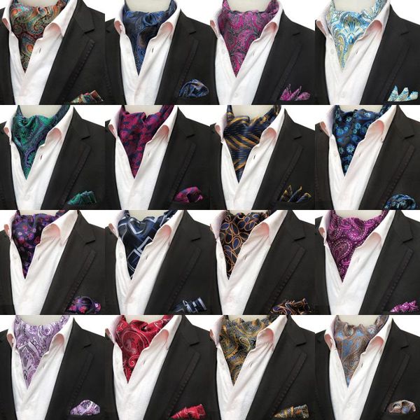 

luxury mens cravat tie set handkerchief silk paisley floral jacquard ascot necktie sets pocket square for business wedding party, Blue;purple