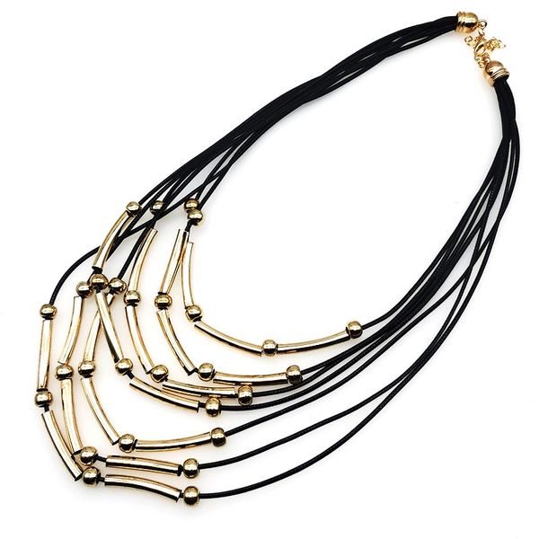 

europe fashion new jewelery accessories metal tube multilayer black leather chain necklaces for women statement necklaces & pend, Silver