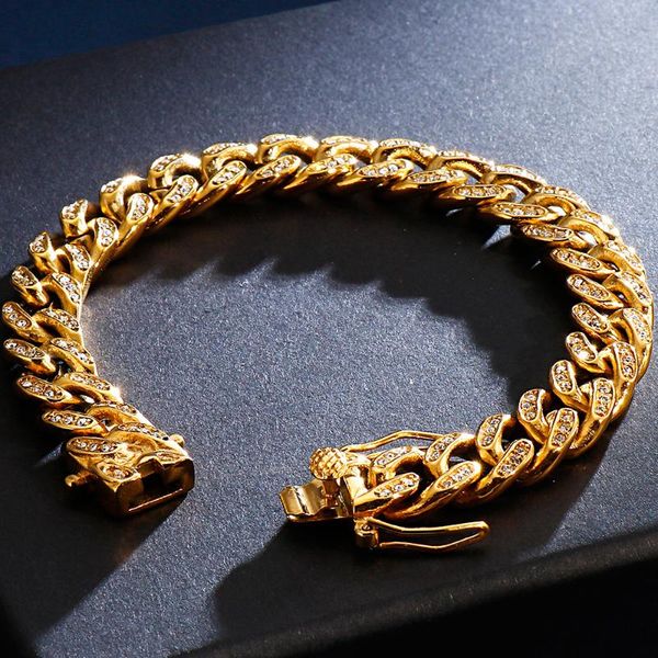 

hiphop never fade gold stainless steel jewelry accessories for male 11mm miami cuban link chain mens bracelets with shiny cz, Black