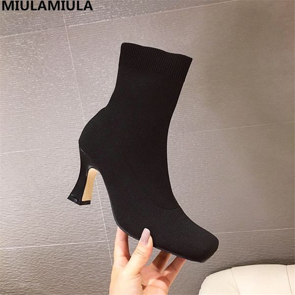 

miulamiula brand design 2020 fashion black high heel square toe stretch fabric lady sock boots women shoes party casual
