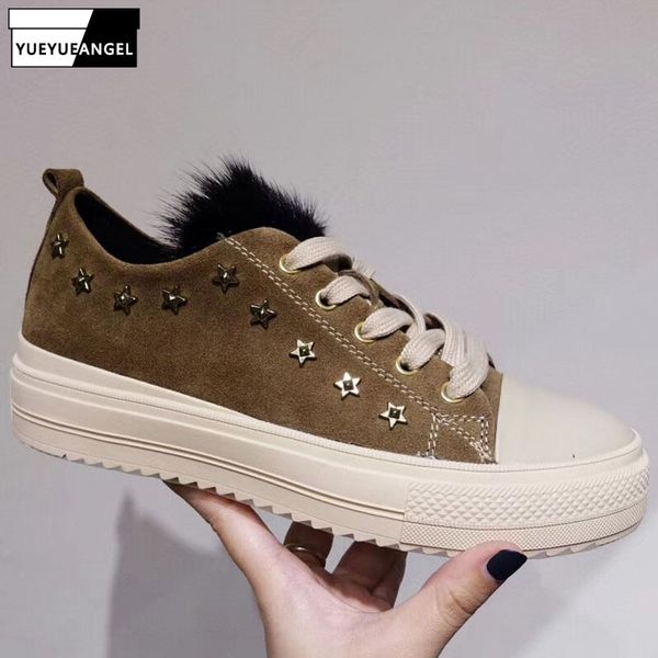 

fashion cow suede women shoes winter star rivets warm leisure cotton shoes street lace up short plush flat sneakers female, Black