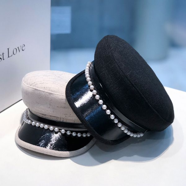 

berets autumn winter pearl wool cap for women flat army salior hat black ladies travel painters, Blue;gray