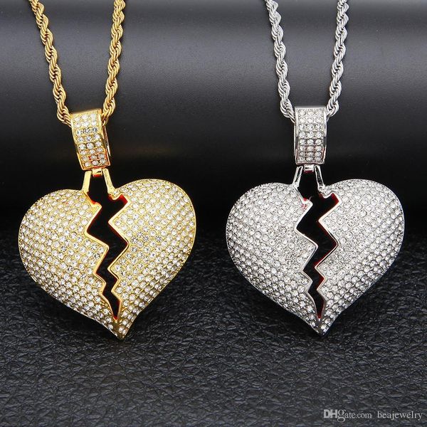 

hip hop broke heart iced out necklace pendant charm for men women gold color rhinestone jewelry, Silver