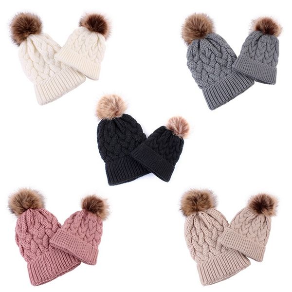 

5 colors parent-child caps with pompon warm raccoon fur bobble mommy beanie caps cotton knitted mom hat winter, Blue;gray