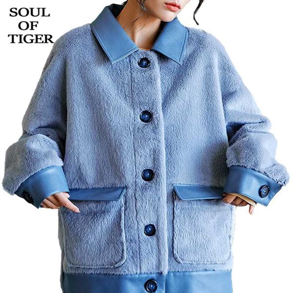 

soul of tiger 2020 luxury england fashion ladies loose faux fur jackets womens leather patchwork coats winter new casual outwear, Black