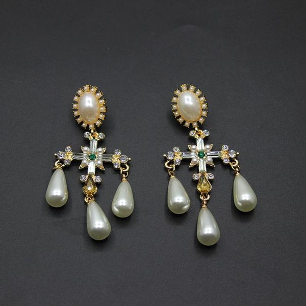 

new european and american baroque cross pearl long earrings wild fashion stud earrings 597, Golden;silver
