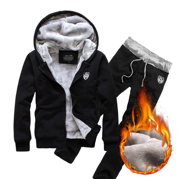 

warm sport suit hoodies thick two piece set tracksuit mens sports jacket winter jogging sweatshirt homme survetement, White;black