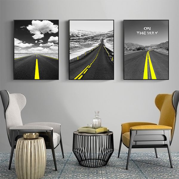 

black white high way picture home decor nordic canvas painting wall art scenery yellow color decor poster prints for living room