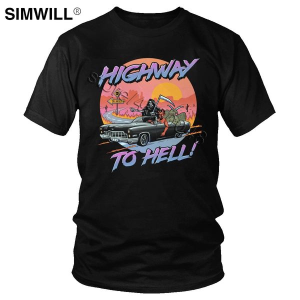 

смешной highway to ад t shirt men summer хлопок tee tops коротким рукавом смерти скелет сатана дьявол t-shirt harajuku tshirt подарок