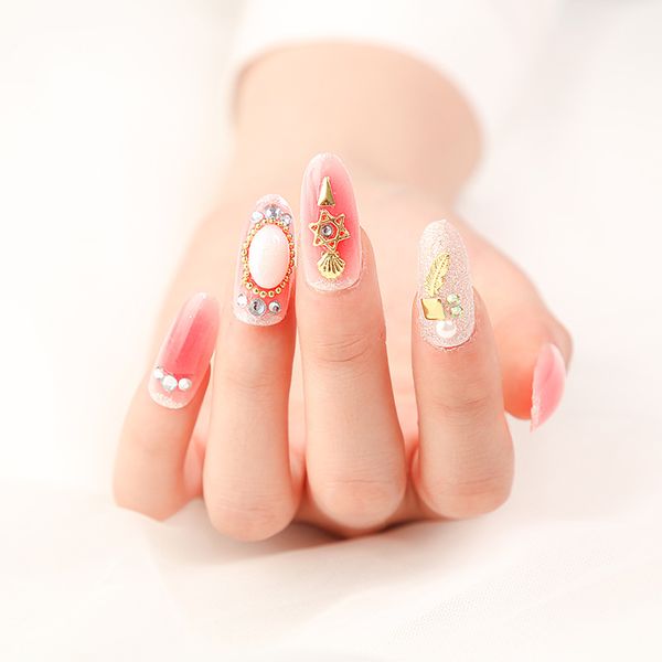 

24pcs/box mid-length fake nail with glue fashionable carving printing diamond encrusted long finished manicure sequins nail tips, Red;gold