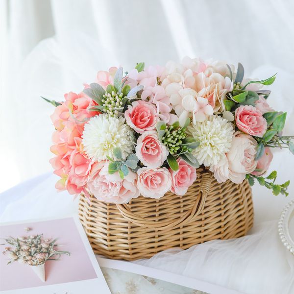 

decorative flowers & wreaths silk artificial bouquet fake hydrangeas rose bride wedding diy decor flores artificiales home