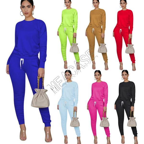 

women bodysuit tracksuit sports outfit pullover coat legging pleated trouser legs pants two piece clothes suit jogging sportwear d81305, White