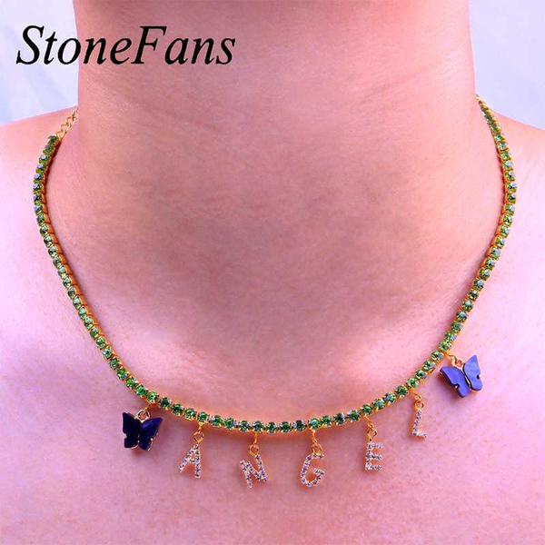 

stonefans luxury angel letter necklace chain chocker for women rhinestone alphabet pendant bitch butterfly necklace wholesale, Silver
