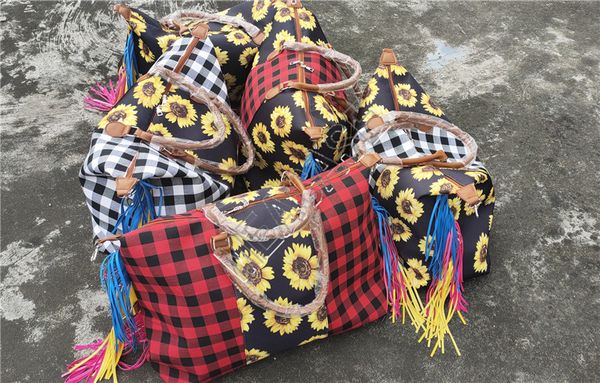 

new design women fashion sunflower grid print travel tassel bags waterproof storage shopping handbag eco-friendly grocery big totes d81904, Black