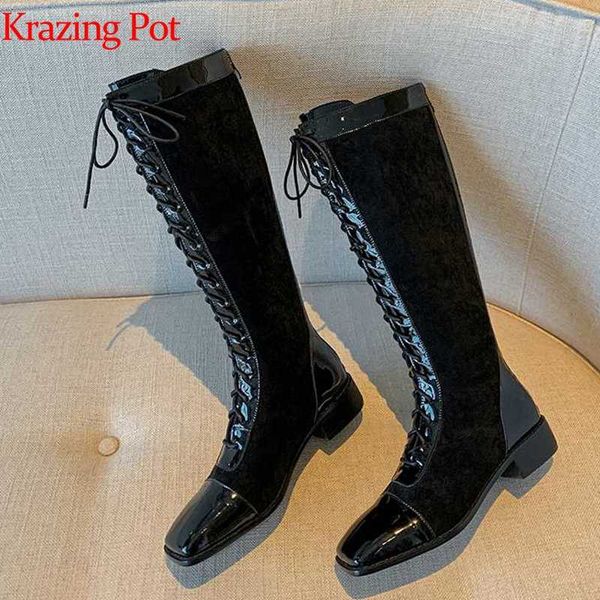 

krazing горшок коровы кожа патч работа стадо кросс-связанный мед пятки квадратный носок зимой держать в тепле патентный улице высокие сапоги, Black