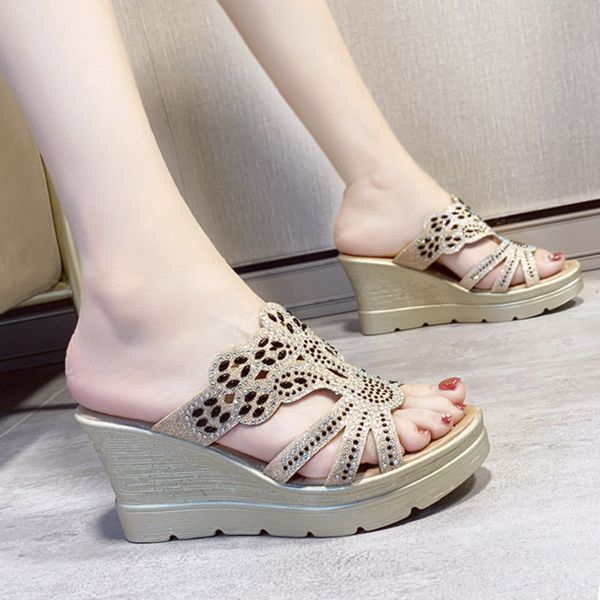 

summer women slippers high heels wedges slipper platform slides flowers beach shoes ladies pumps flip flops zapatos mujer 8044r, Black