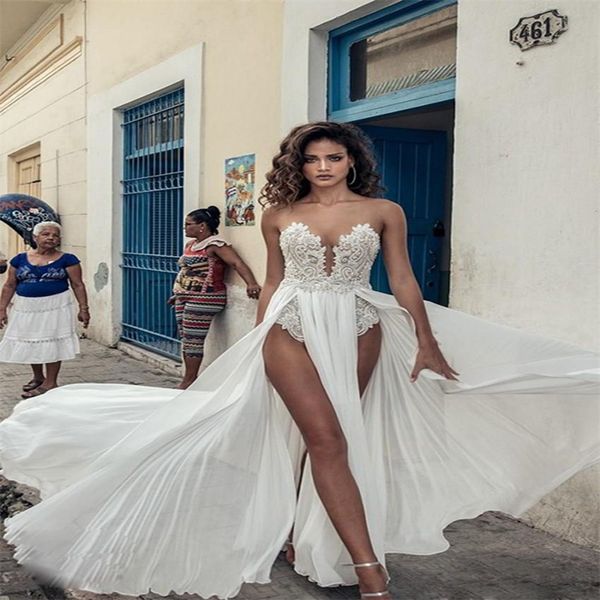 Sexy Boho vestidos de casamento de alta divisão Querida vestido nupcial Appliqued Lace Custom Made Chiffon Praia Vestidos De Novia