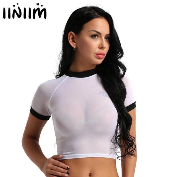 

iiniim femme womens fashion mesh see through sheer short sleeve crop casual cocktail party clubwear t-shirt, White