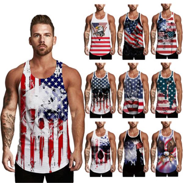 American Independence Day Mens Vest Moda Tendão 3D Impressão Digital Redondo T-shirt T-shirts Casuais Masculino