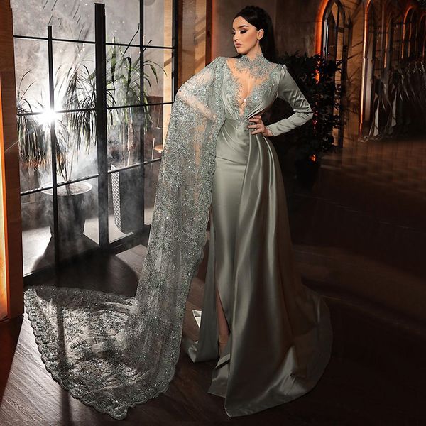 

saudi arabic mermaid evening dresses side slit 2020 satin long sleeve prom gowns with wrap lace sequined red carpet celebrity dress, Black;red
