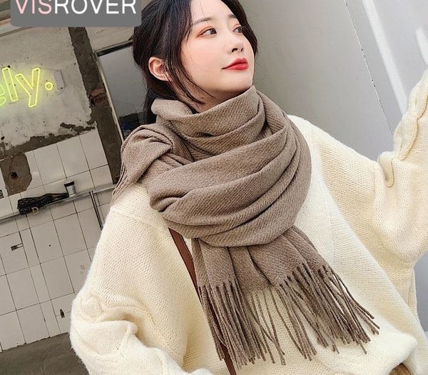 

VISROVER new woman winter scarf fashion female shawls cashmere handfeeling winter wraps solid color winter hijab scarf wholesale T200818