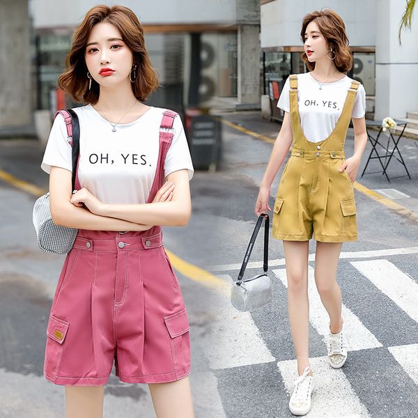 

#1596 blue yellow pink denim overalls women elastic waist korean casual adjustable strap wide leg denim playsuits woman sexy, Black;white
